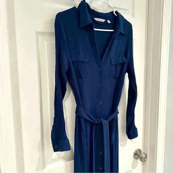Soft Surrounding Dress Sz M Blue Button Up Collar Shirt Dress Belt Maxi Pockets - Picture 17 of 17